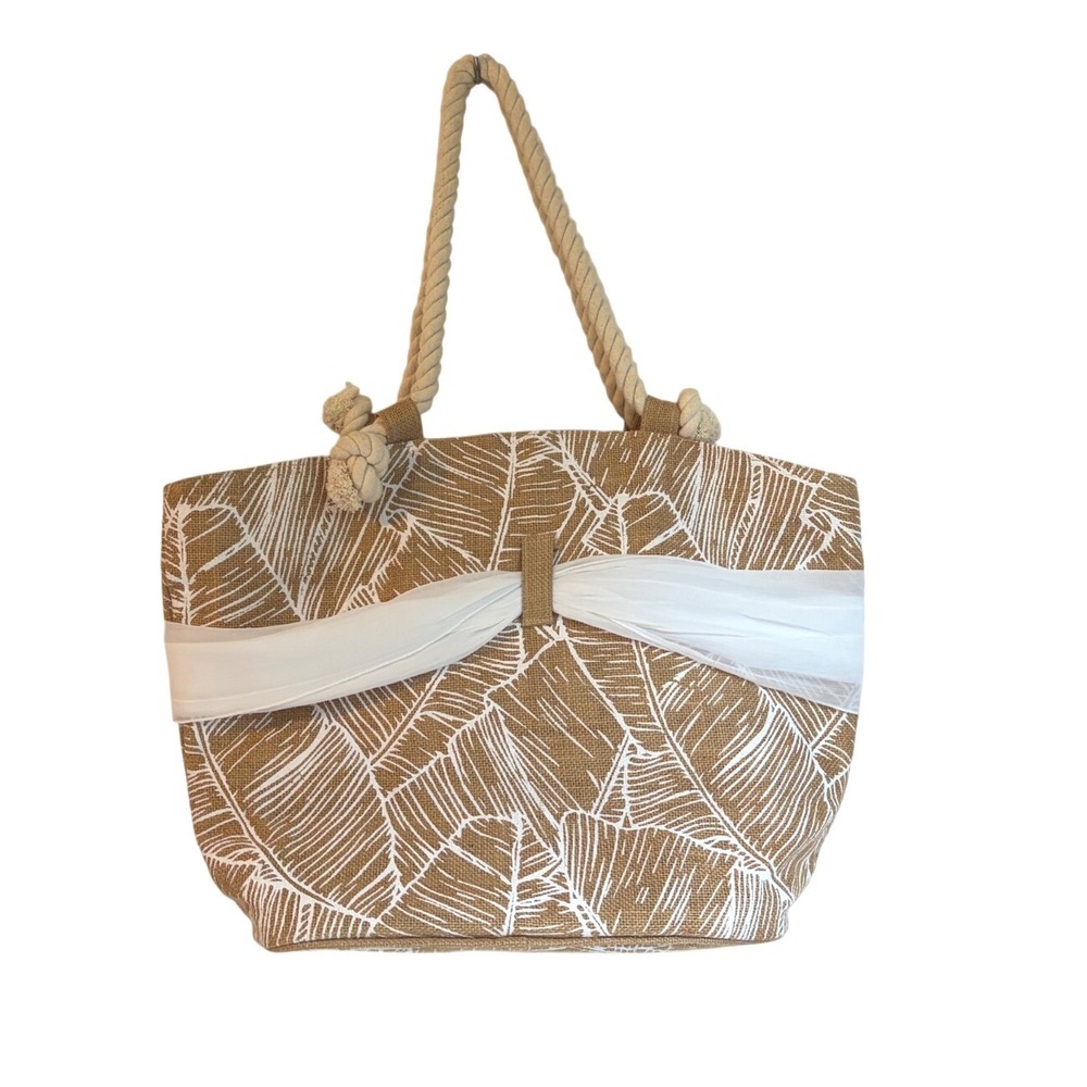 Mud Pie Jute Beach Tote Bag Tan White Palm Leaf Rope Handle Chiffon Scarf Accent - Picture 2 of 5